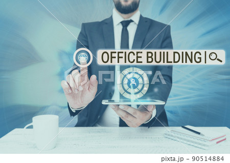 Inspiration showing sign Office Building. Business overview Commercial buildings are used for commercial purposes Man holding Screen Of Mobile Phone Showing The Futuristic Technology. 90514884