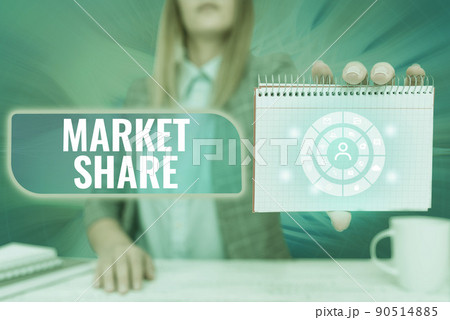 Text caption presenting Market Share. Business approach The portion of a market controlled by a particular company Lady Pressing Screen Of Mobile Phone Showing The Futuristic Technology 90514885
