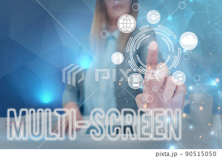 Conceptual display Multi Screen. Concept meaning Having or involving several screen especially in a cinema Lady in suit pointing finger upwards symbolizing successful teamwork. 90515050