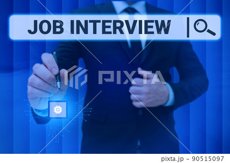 Handwriting text Job Interview. Word for Assessment Questions Answers Hiring Employment Panel Man holding Screen Of Mobile Phone Showing The Futuristic Technology. Handwriting text Job Interview. Word for Assessment Questions Answers Hiring Employment Panel Man holding Screen Of Mobile Phone Showing The Futuristic Technology. 90515097