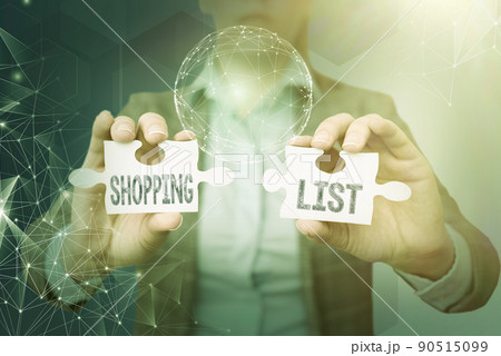 Conceptual display Shopping List. Word for Discipline approach to shopping Basic Items to Buy Lady in suit holding puzzle piece symbolizing global innovative thinking. Conceptual display Shopping List. Word for Discipline approach to shopping Basic Items to Buy Lady in suit holding puzzle piece symbolizing global innovative thinking. 90515099