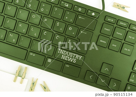 Conceptual display Industry News. Business approach Technical Market Report Manufacturing Trade Builder Computer Keyboard And Symbol.Information Medium For Communication. 90515134