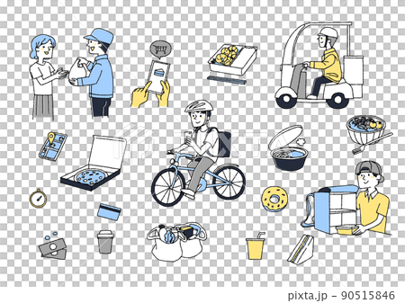 デリバリーサービスに関する人物イラストと食べ物のアイコンのセット　コミカルな手書きの人物 90515846