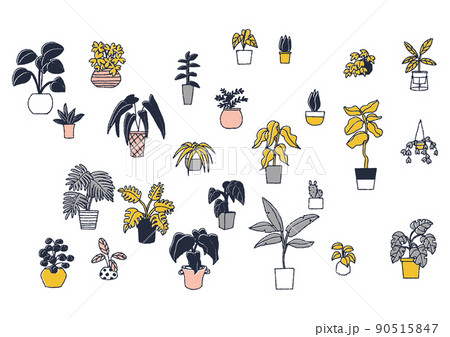 手書きのインテリアグリーンの詰め合わせセット　コミカルな手書きの人物　 90515847