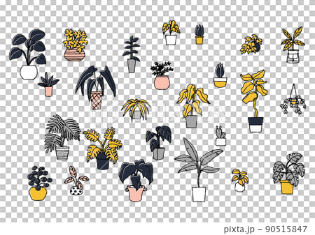 手書きのインテリアグリーンの詰め合わせセット　コミカルな手書きの人物　 90515847