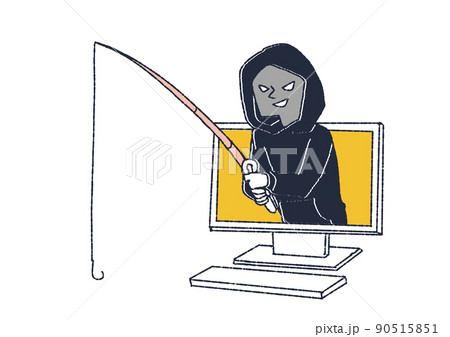 フィッシング詐欺を行う男性 コミカルな手書きの人物 ベクター 温かみのある線画のイラスト素材