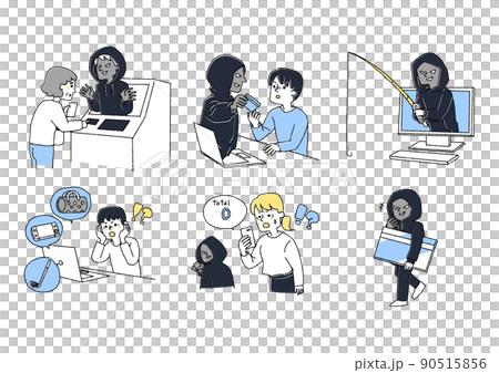 Illustrations about various scammers' tricks, comical handwritten figures, vectors, warm line drawings 90515856