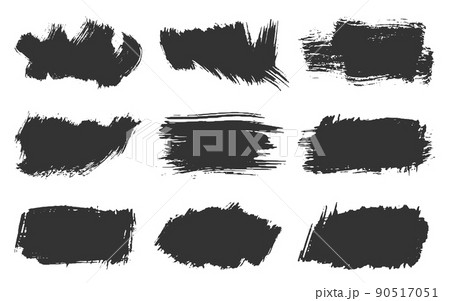Wide ink smudge stain bristle rough brush black set. Dry texture bristle paper sponge print graffiti grunge ink blot stamp smudged crossed out chaotic paint stroke backdrop txt abstract shape isolated 90517051