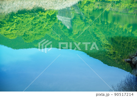 有馬ダム　名栗湖　水鏡　春　新緑の風景 90517214