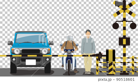 前から見た踏切で待つ人やバイク車のイラスト素材