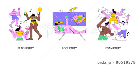 Summer event abstract concept vector illustration set. Beach party, swimming pool dance, foam party entertainment, swimming suits, bikini, dance floor, flamingo inflatable circle abstract metaphor. 90519579