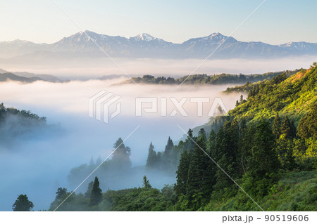 新潟県長岡市河口地域から見る、雲海に浮かぶ越後三山 新潟県長岡市河口地域から見る、雲海に浮かぶ越後三山 90519606