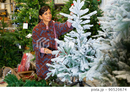 Woman chooses christmas tree at shop 90520674