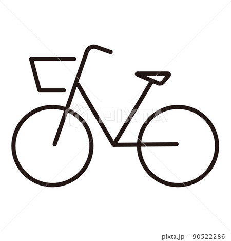 カゴ付き自転車の横向きシンプルなモノクロ線画アイコン/白背景 90522286