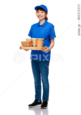 delivery woman with takeaway food and drinks 90523357