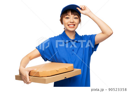 delivery woman with takeaway pizza boxes 90523358