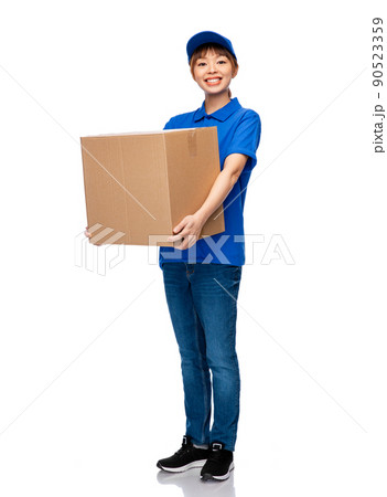 delivery woman in blue uniform with parcel box 90523359