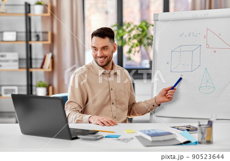 math teacher with laptop has online class at home math teacher with laptop has online class at home 90523644