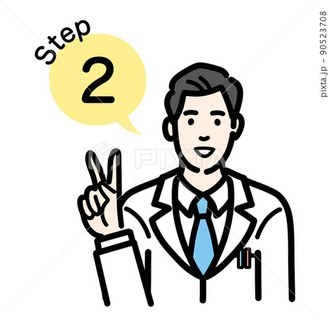 ステップ2 工程を説明する白衣を着た若い男性医師 ステップ2 工程を説明する白衣を着た若い男性医師 90523708