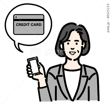 スマートフォンを持ってクレジットカードの説明をしているグレーのスーツを着た中年女性 90525233