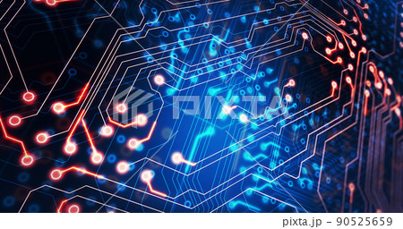 Image of light trails moving over computer circuit board Image of light trails moving over computer circuit board 90525659