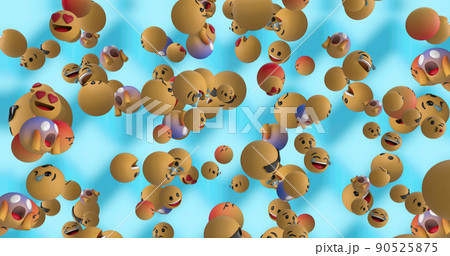 Image of multiple emojis falling over blue background Image of multiple emojis falling over blue background 90525875