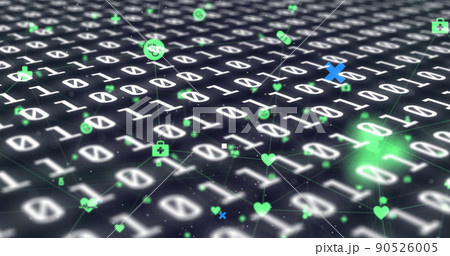Abstract shapes and network of digital icons against binary coding data processing 90526005