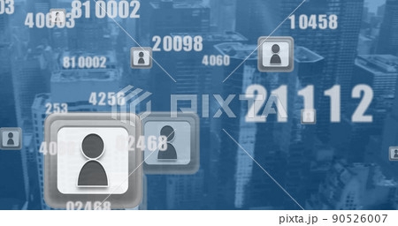 Image of data processing with icons over cityscape 90526007