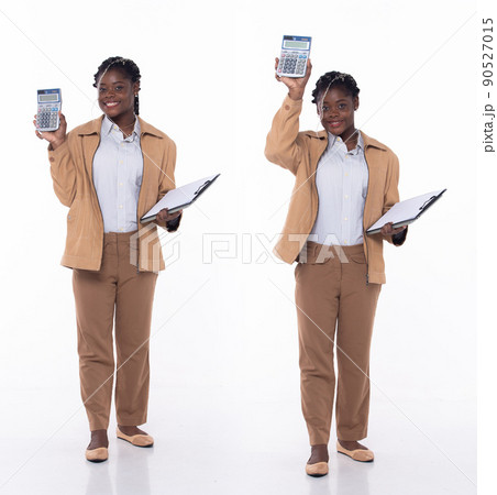 Full length 20s young African American Woman Financial Accountant, wow surprise glad 90527015