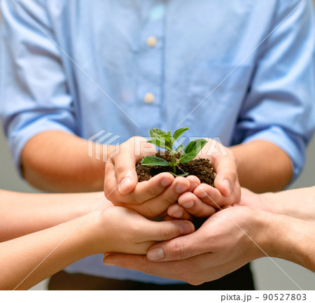 Working together towards a greener tomorrow. A cropped image of a hands holding a plant growing in earth. 90527803