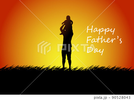 Graphics Design Father holding the young on hands with landscape view outdoor of sunset with grass on the ground for greeting card vector illustration 90528043