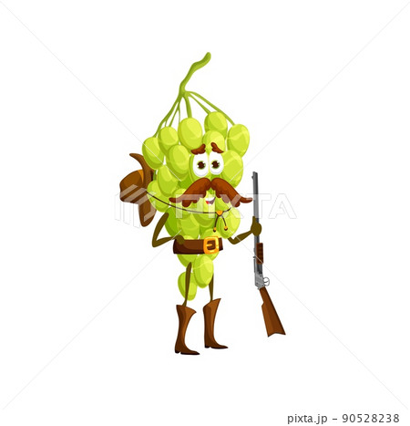Cartoon grape ranger character. Vector berry cowboy with rifle, bandit, hunter or robber grapes wild west hero with hat on back and gun. Western horseman personage Cartoon grape ranger character. Vector berry cowboy with rifle, bandit, hunter or robber grapes wild west hero with hat on back and gun. Western horseman personage 90528238