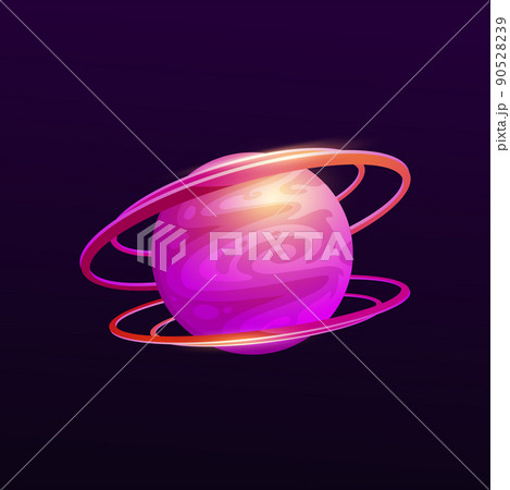 Purple space planet with two rings on vector background of cartoon alien world universe dark sky. Fantasy game ui or gui element, bright sphere of galaxy planet with asteroid belts and bright swirls 90528239