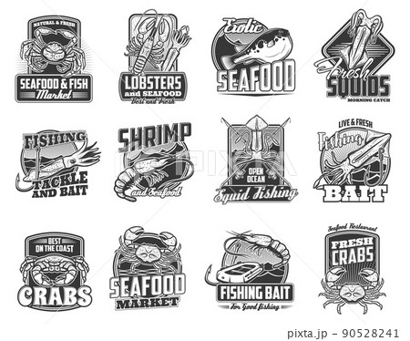 Fishing icons, fish catch tournament vector emblems, seafood market vector sign. Sea and ocean fishery tours, tackles and baits for lobster, squid or crab and shrimps, fisher catch equipment and rods 90528241