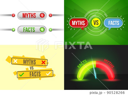 Myths vs facts, truth, false or true, fiction fake and reality, vector background with check icons. Myths vs facts and truth or false buster checkmarks and popup bubbles with true and false indicator 90528266