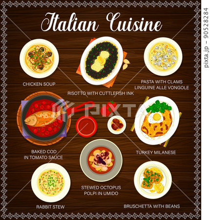 Italian restaurant meals and dishes menu. Rabbit stew, chicken soup and risotto with cuttlefish ink, cod in tomato sauce, stewed octopus and beans Bruschetta, pasta with clams, turkey Milanese vector 90528284