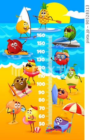 Kids height chart with cartoon fruits on beach. Vector growth meter or stadiometer ruler with tropical beach, pineapple, mango, apple and watermelon, lemon and plum, pear and kiwi, peach characters 90528313