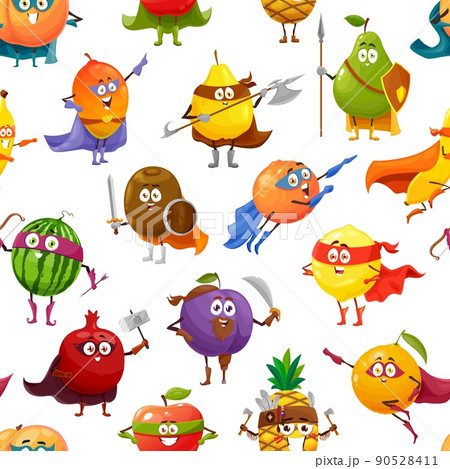 Cheerful fruits superhero and defender characters vector seamless pattern. Cartoon fruit food personages background of apple, mango, orange and pineapple, banana, watermelon and peach with mask, cape Cheerful fruits superhero and defender characters vector seamless pattern. Cartoon fruit food personages background of apple, mango, orange and pineapple, banana, watermelon and peach with mask, cape 90528411