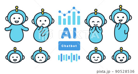 様々な表情のチャットボットAIのイラストセット。 90528536