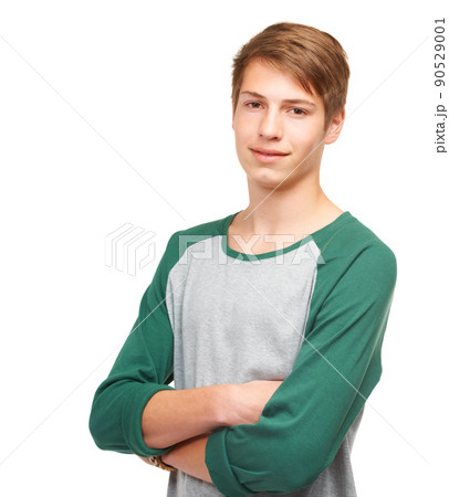 Owning this photoshoot. A handsome young teenager standing confidently in a studio. Owning this photoshoot. A handsome young teenager standing confidently in a studio. 90529001