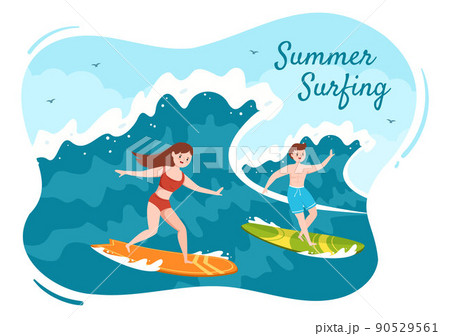 Summer Surfing of Water Sport Activities Cartoon Illustration with Riding Ocean Wave on Surfboards or Floating on Paddle Board in Flat Style Summer Surfing of Water Sport Activities Cartoon Illustration with Riding Ocean Wave on Surfboards or Floating on Paddle Board in Flat Style 90529561