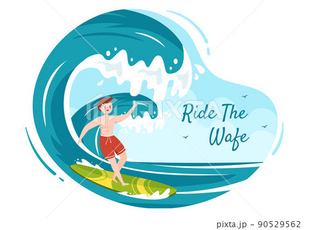 Summer Surfing of Water Sport Activities Cartoon Illustration with Riding Ocean Wave on Surfboards or Floating on Paddle Board in Flat Style 90529562
