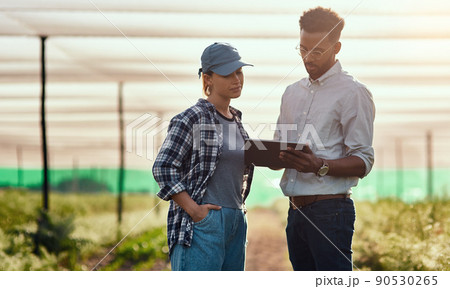 Tracking their growth. Cropped shot of two young farmers looking at a tablet while working on their farm. Tracking their growth. Cropped shot of two young farmers looking at a tablet while working on their farm. 90530265