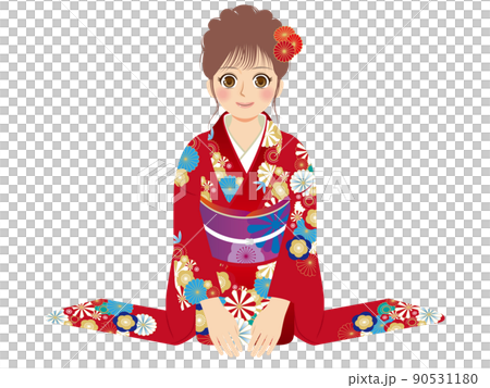 Illustration of working women, whole body, furisode, brown hair, New Year greetings Illustration of working women, whole body, furisode, brown hair, New Year greetings 90531180