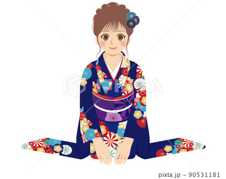 働く女性イラスト 全身 振袖 茶髪 新年挨拶のイラスト素材