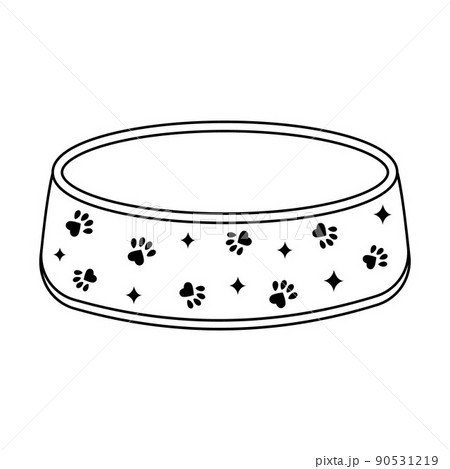 Bowl for dry food and water for dogs and cats, black contour doodle icon, Vector isolated illustration 90531219
