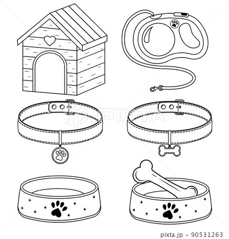 set of booth, bowl, collar and leash for dog and cat, isolated vector illustration contour doodle 90531263