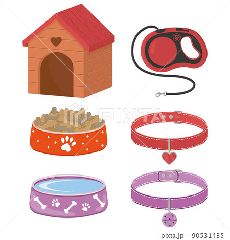 A set of accessories for dogs and cats, a booth, bowls with food, a leash and collars with a medallion 90531435