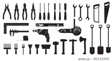 Handyman workshop. Work toolkit for house maintenance. Handmade job equipment. Construction carpentry tools. Hammers and shovels. Vector build or repair instruments silhouettes set 90532005