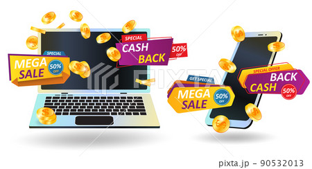 Cash back label. Smartphone and computer with logo offer win. Profitable shopping. Laptop and mobile. Sale promotion flyer. Money refund tags. Bonus to customer. Vector prize banners set Cash back label. Smartphone and computer with logo offer win. Profitable shopping. Laptop and mobile. Sale promotion flyer. Money refund tags. Bonus to customer. Vector prize banners set 90532013